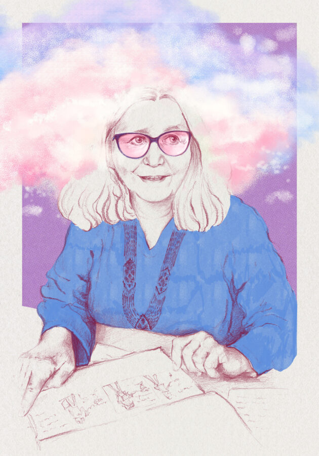 Portret Hanny Brakonieckiej w niebieskiej bluzce na różowym tle, z różową chmurką we włosach