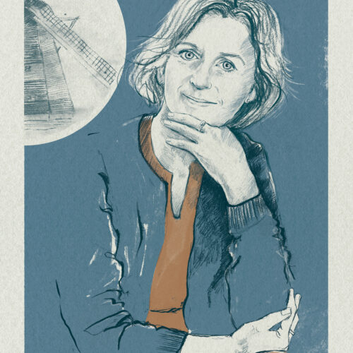 portret kobiety, w zamyślonej pozie, z wiatrakiem w tle