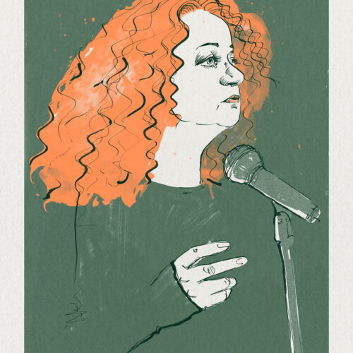 Portret Krystyny Świąteckiej na zielonym tle, w zielonej sukni, z płomiennymi włosami